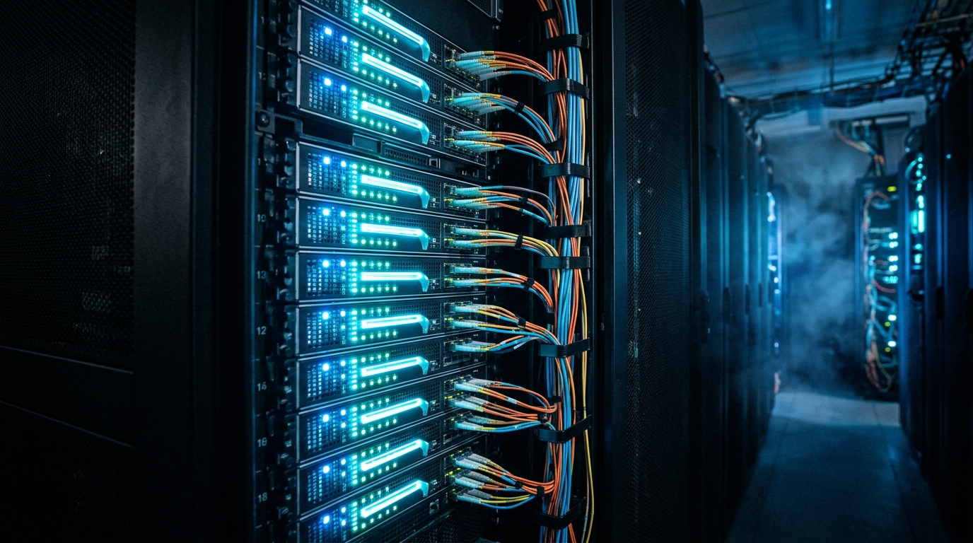 GPU servers in a rack, status lights on.