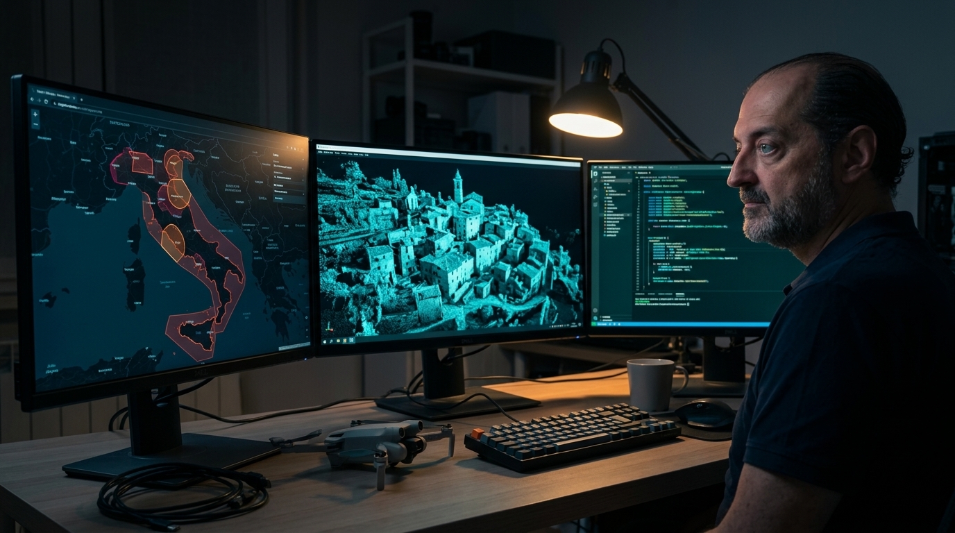 Dimitri Albino at his desk at night, three screens with maps, 3D models and code.