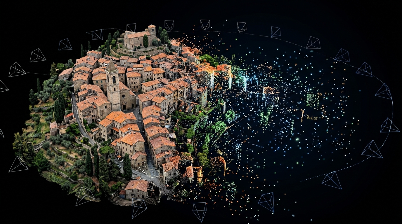 An Italian village rendered as a 3D point cloud.