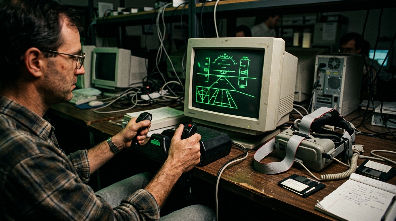 A flight simulator cockpit on a CRT screen, years ago.