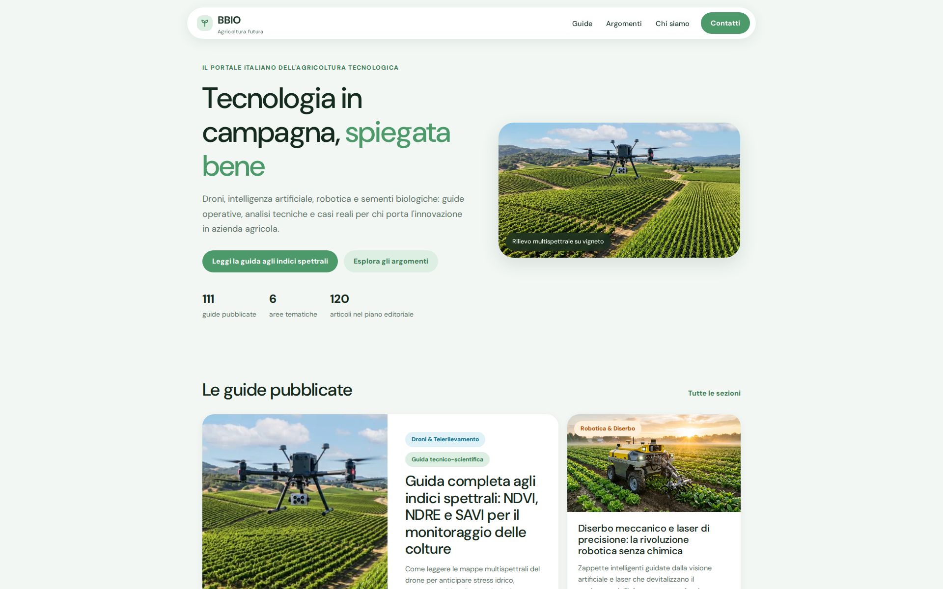 Screenshot of bbio.it: guides on drones, AI and robotics for organic agriculture.
