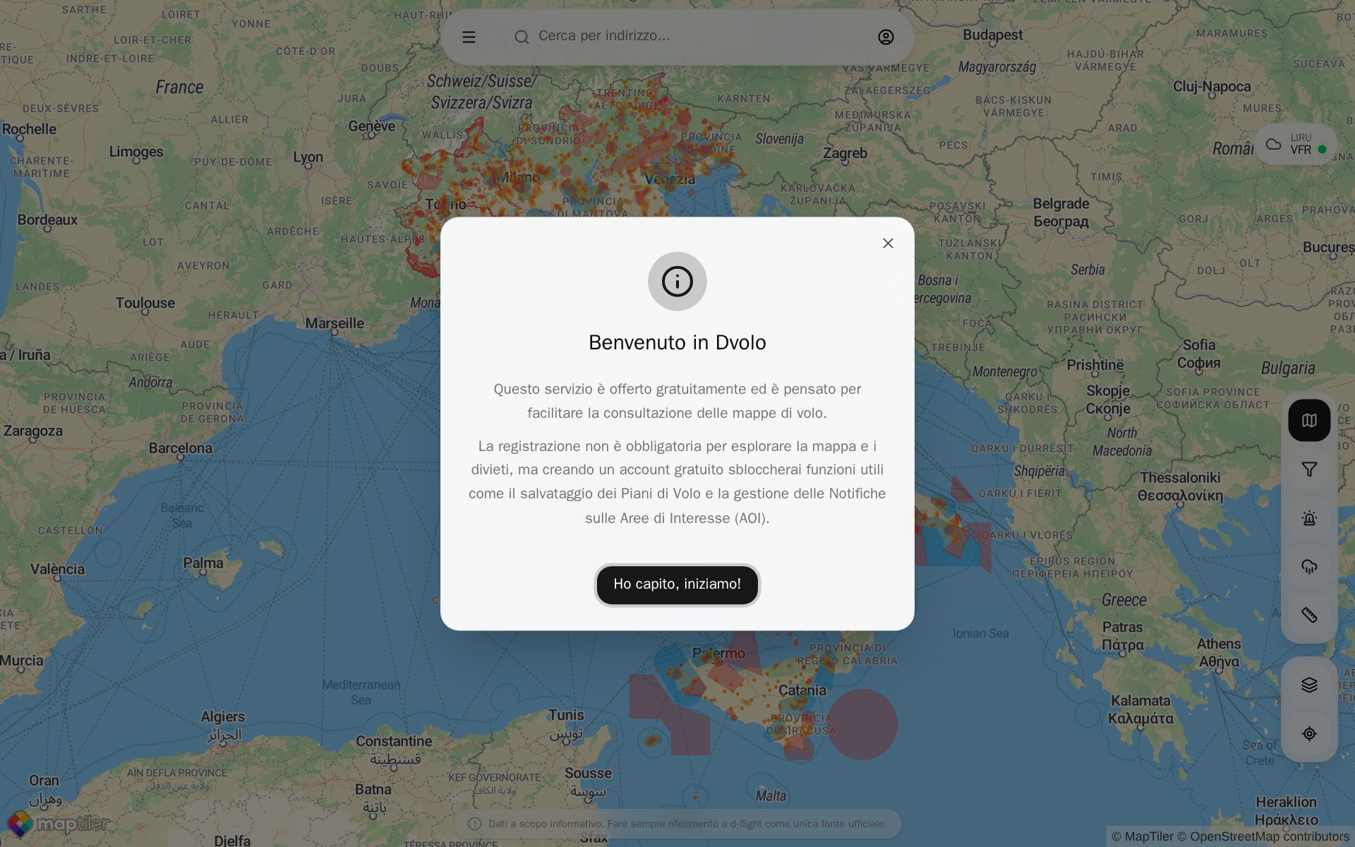 Screenshot of DVOLO: flight rules on a map of Italy.
