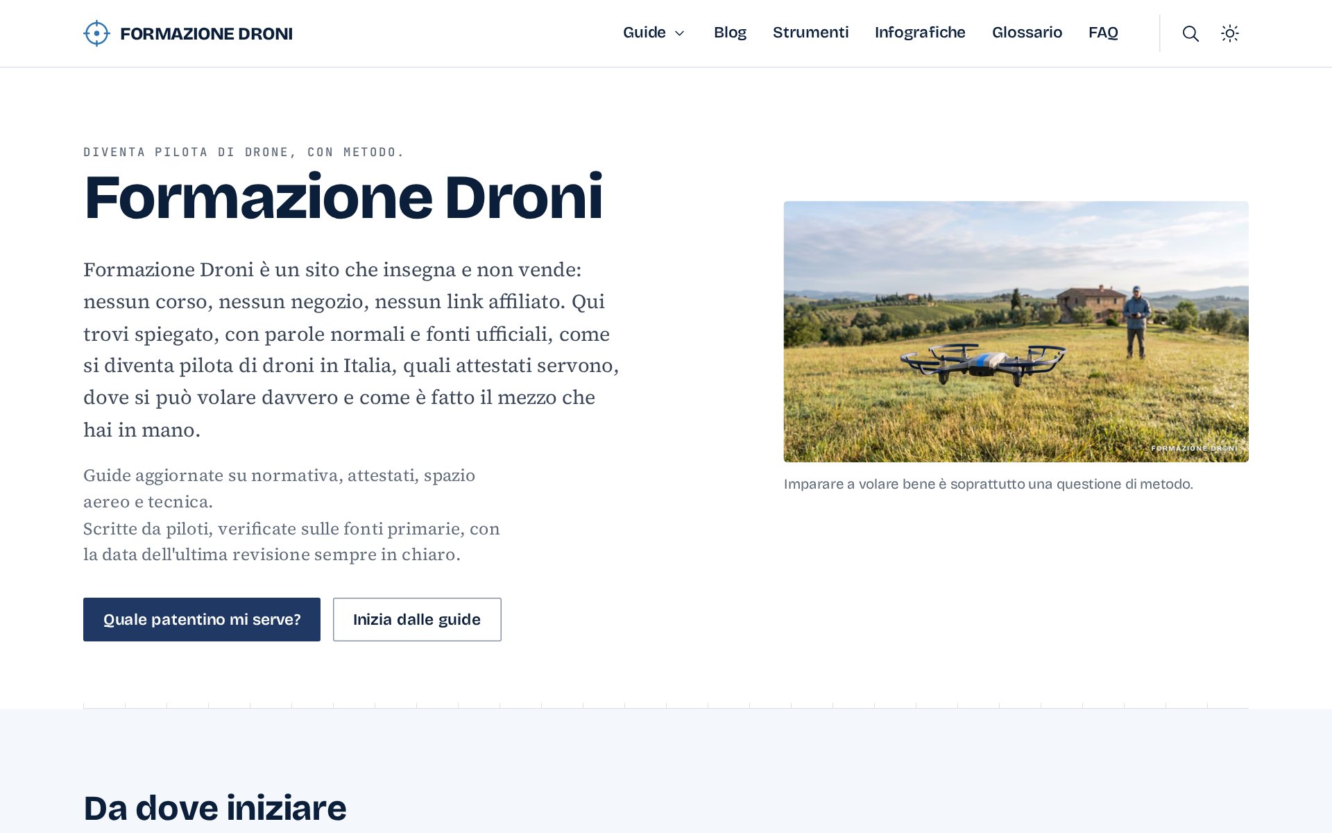 Screenshot of formazionedroni.it: guides and free tools for drone pilots.